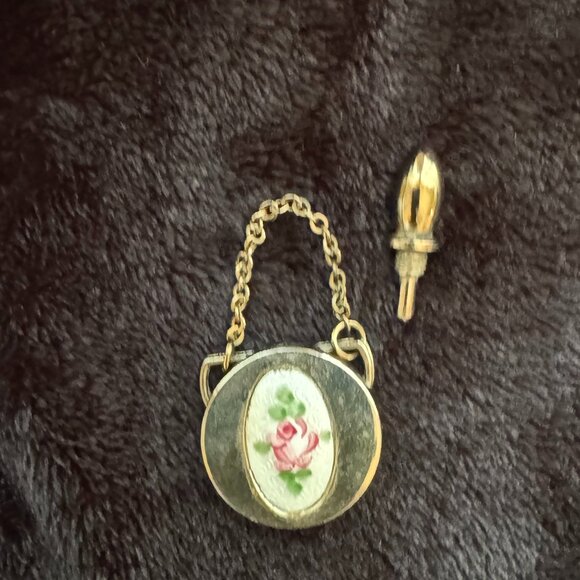 Vtg Mini Rose Guilloche Enamel Perfume Bottle Pendant w/ Chain, Dauber NICE! - Picture 3 of 6